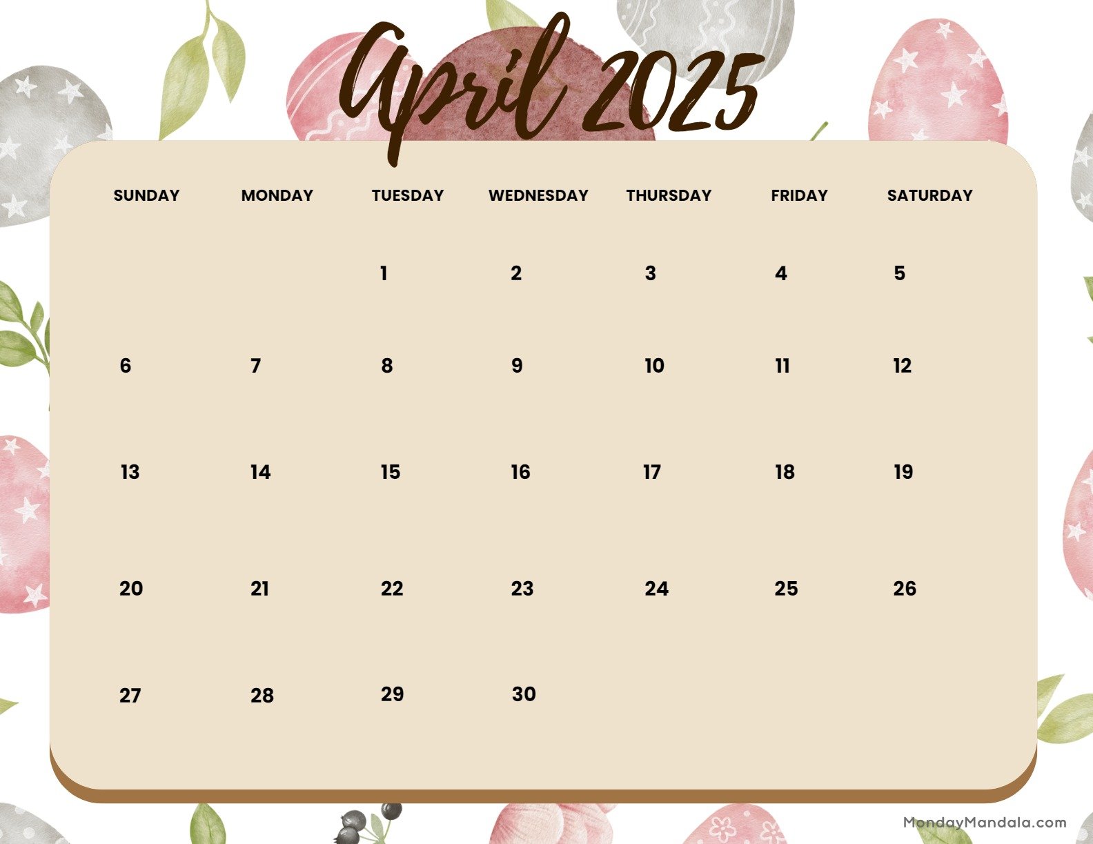 April 2025 Calendar Printable Easter 2 Landscape