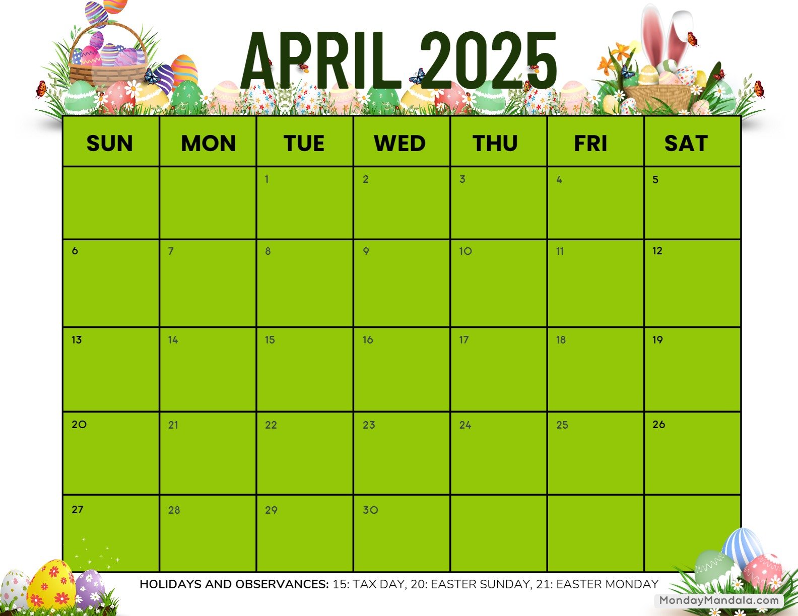 April 2025 Calendar Printable Easter 3 Landscape