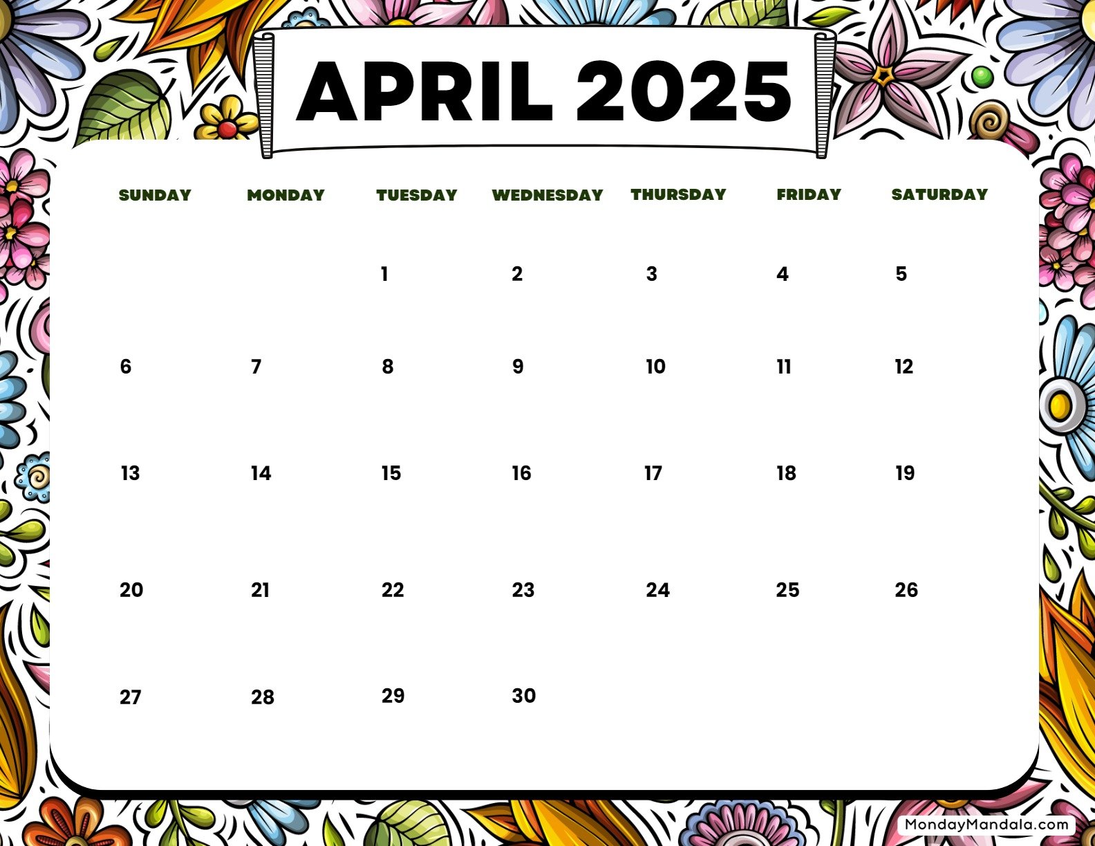 April 2025 Calendar Printable Floral Landscape