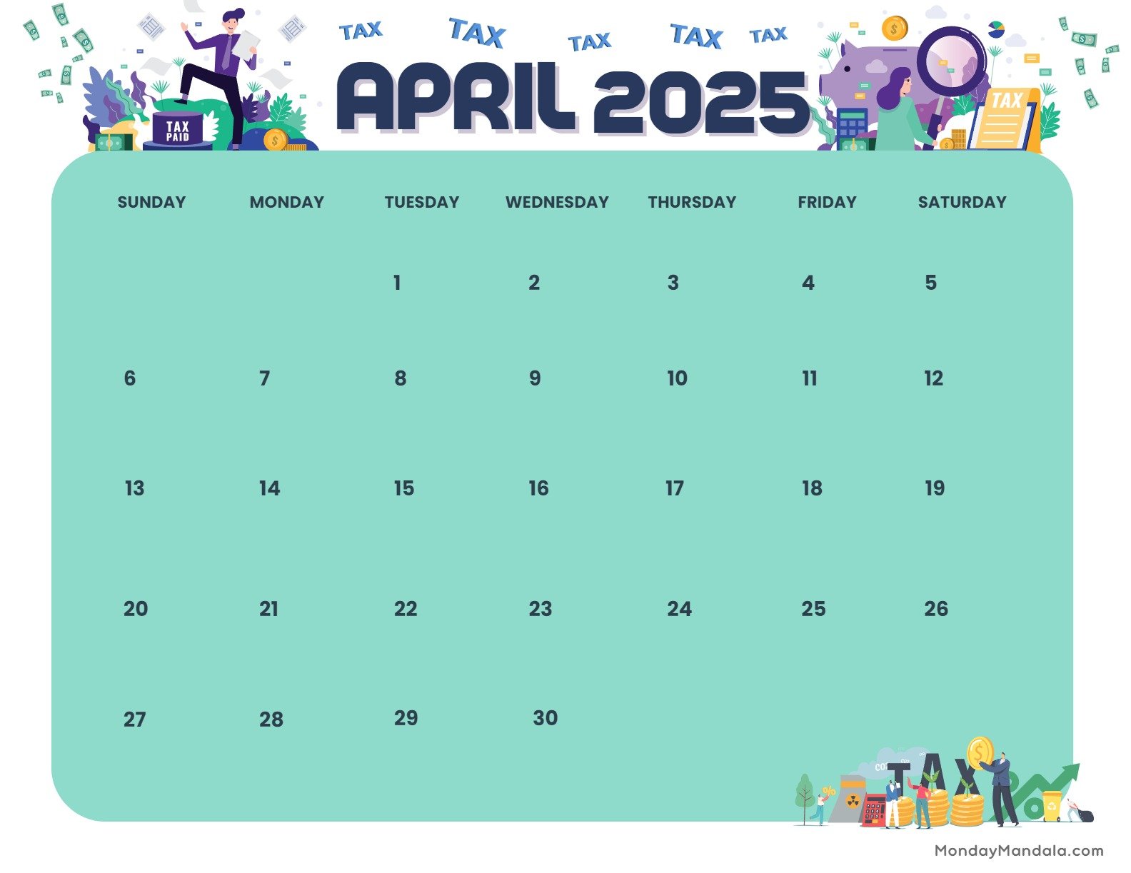 April 2025 Calendar Printable Tax Landscape