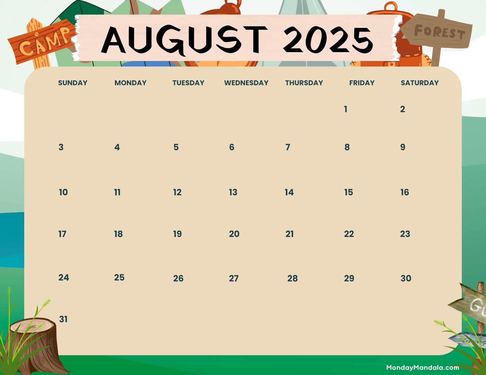 August 2025 Calendar Printable Camp Landscape