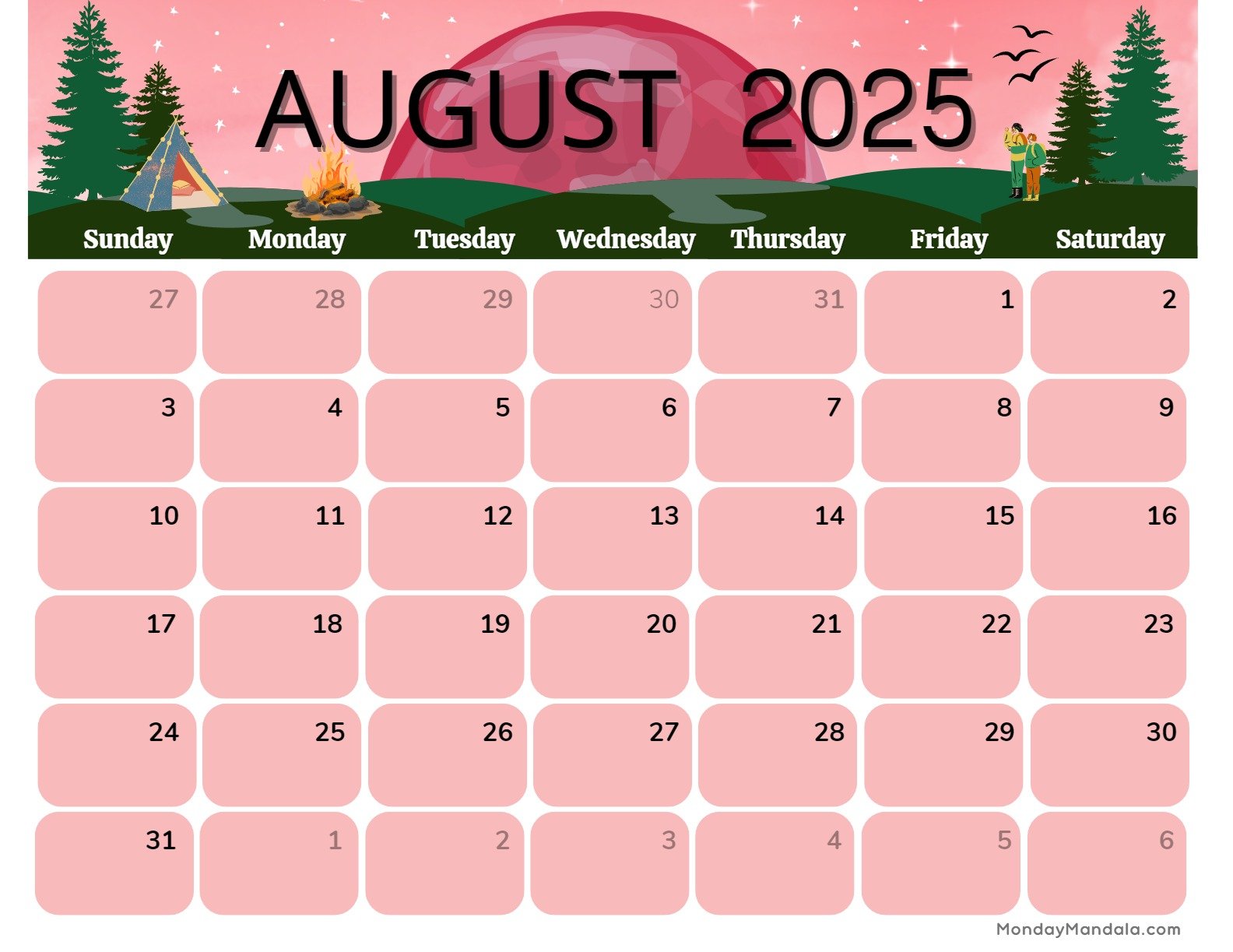 August 2025 Calendar Printable Camping Landscape