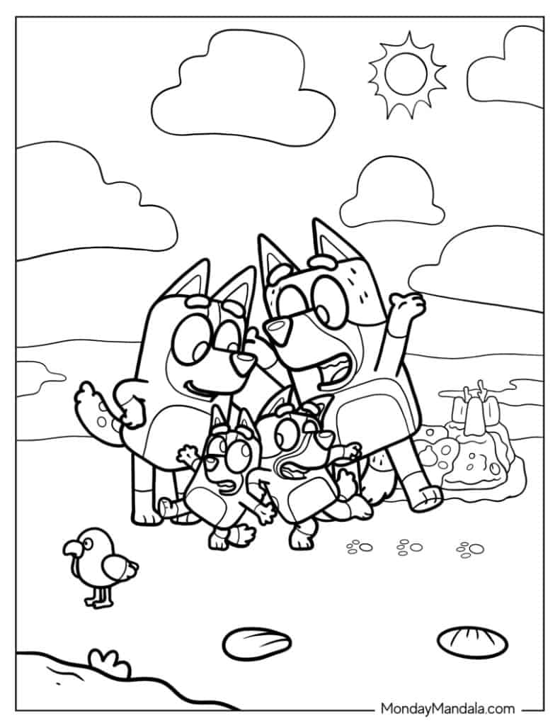 Bandit, Chilli, Bluey, And Bingo Dancing In Beach