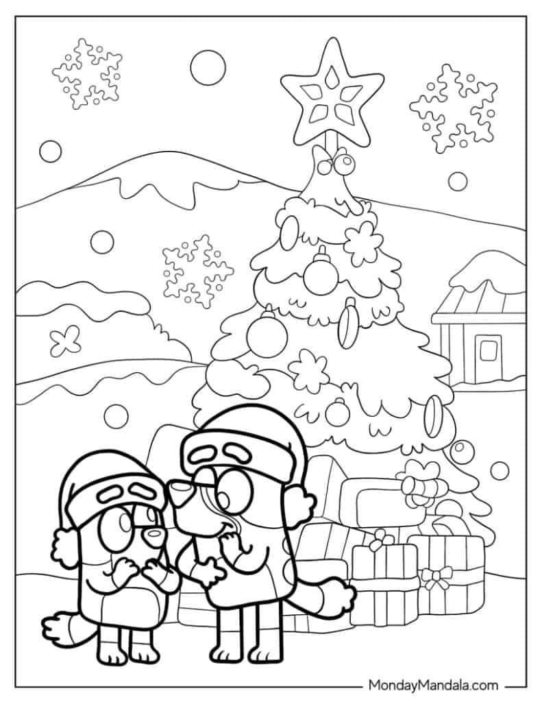 Bluey And Bingo Wearing Santa Hats In Front Of Christmas Tree