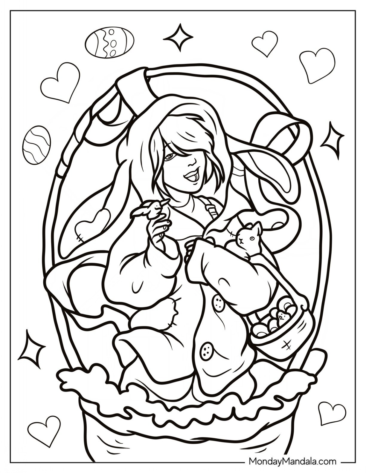 Easter Coloring Page Of Cute Anime Boy With Easter Bunny And Eggs For Kids