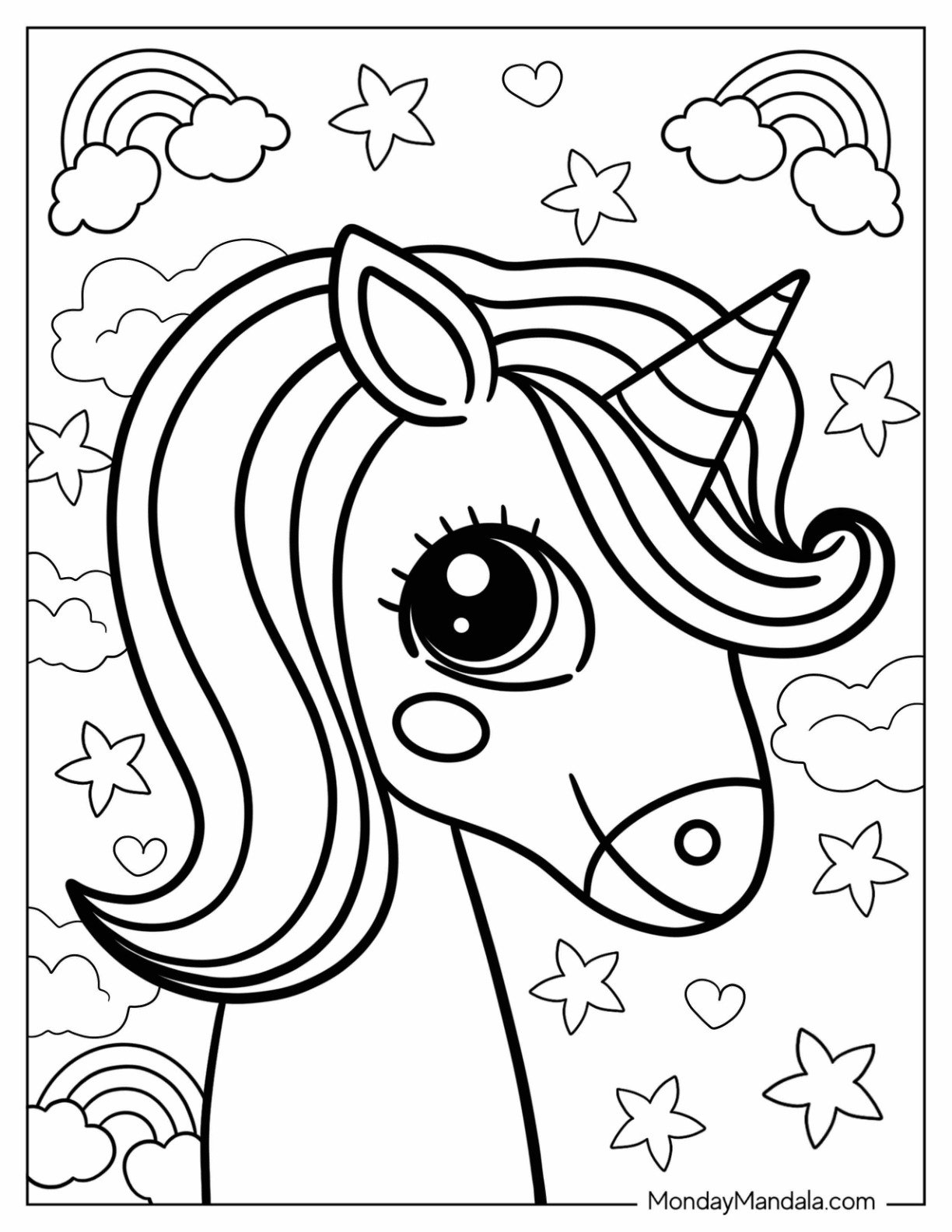 Cute Cartoon Unicorn Coloring Page  With Pretty Eyes