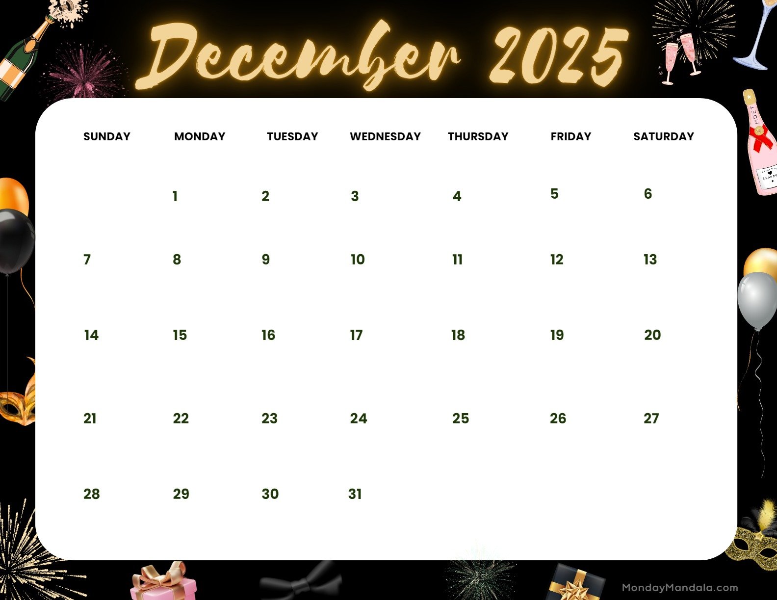 December 2025 Calendar Printable Celebration Landscape
