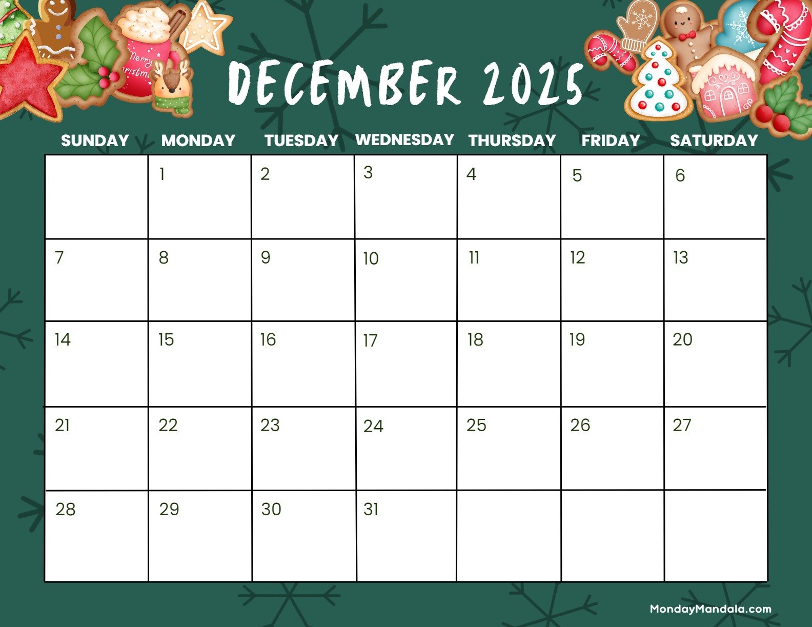 December 2025 Calendar Printable Cookies Landscape