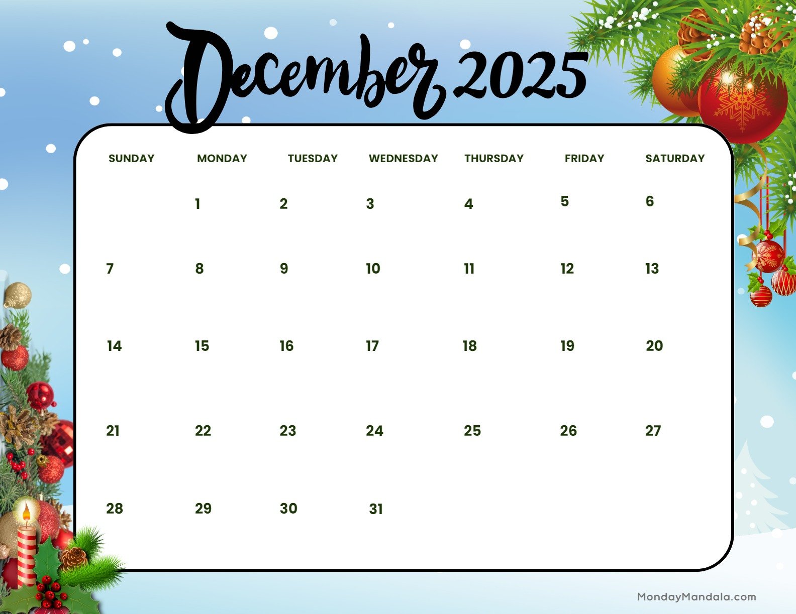 December 2025 Calendar Printable Mistletoe Landscape