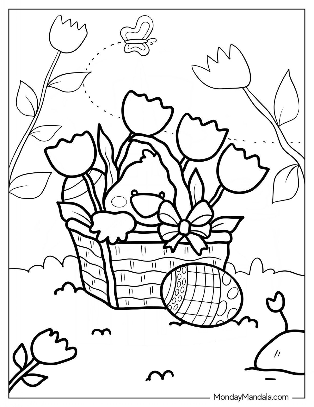 Easter Coloring Page Of Duck Inside Flower Basket With Easter Eggs
