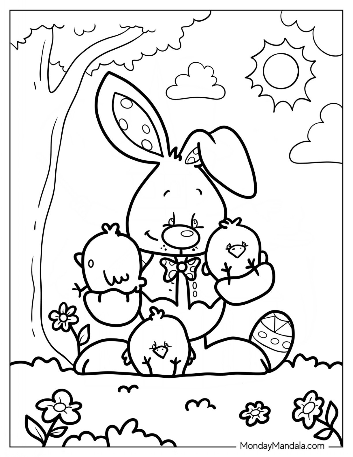 Easter Coloring Page Of Bunny Holding Chicks