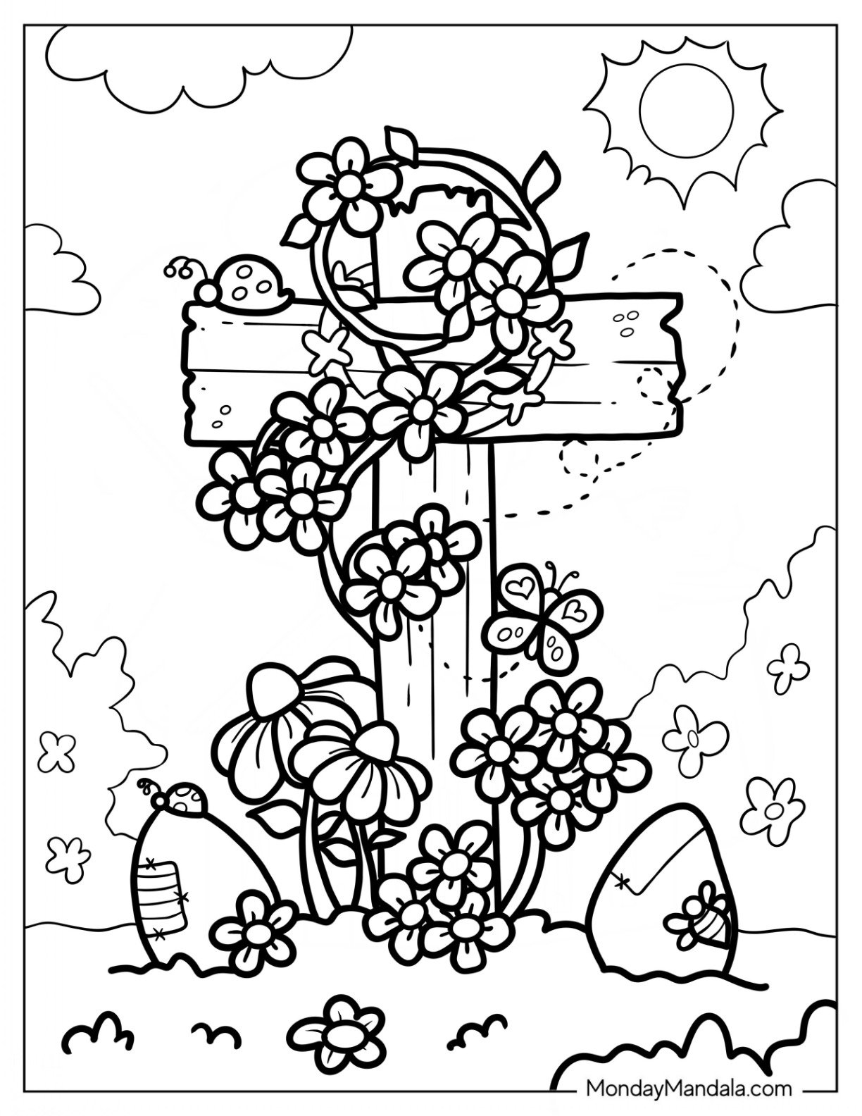 Easter Coloring Page Of Easter Cross With Flowers In A Field