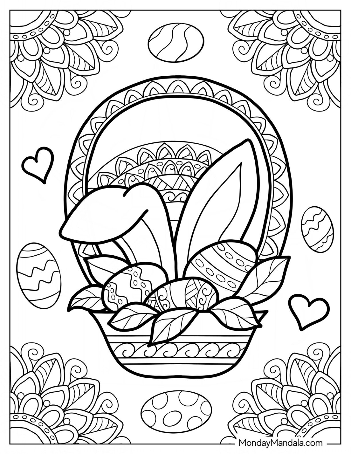 Easter Coloring Page Of Easter Egg Basket With Bunny Ears Mandala