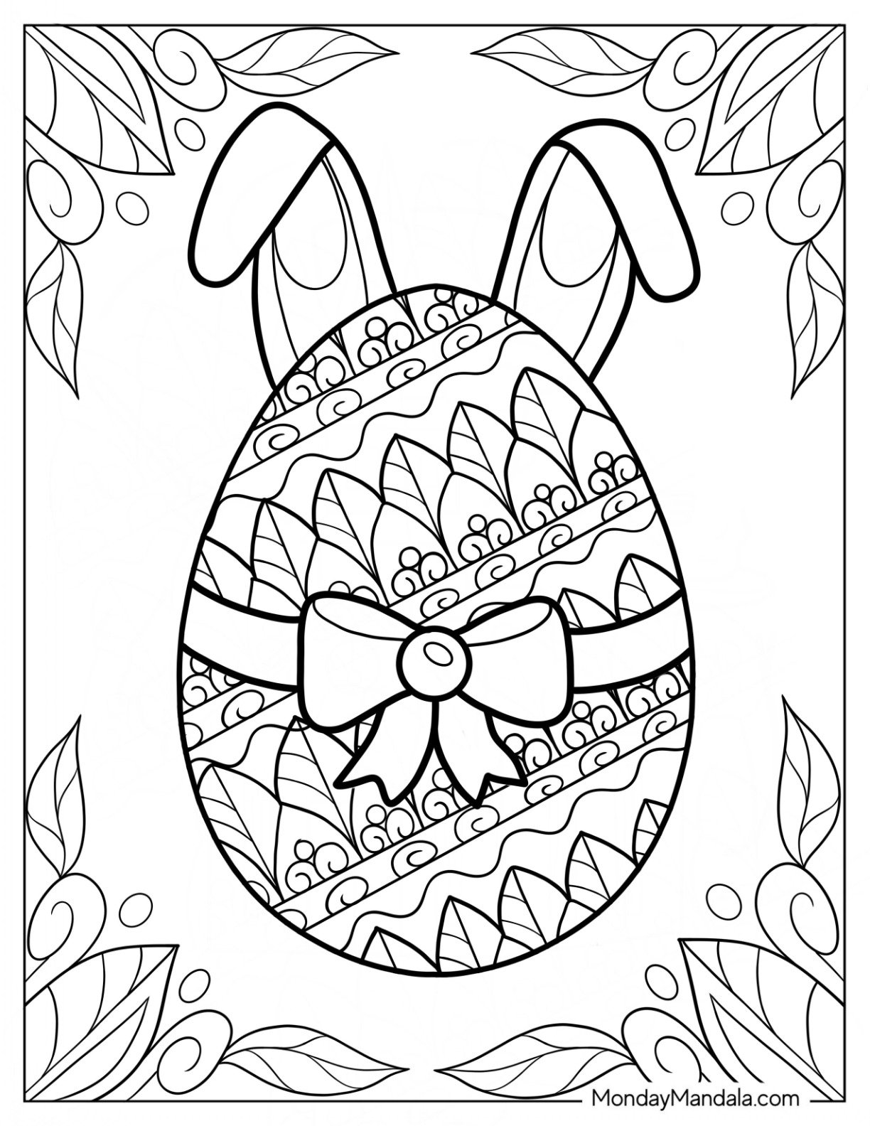 Easter Coloring Page Of Easter Egg Mandala With Bow And Bana Ears
