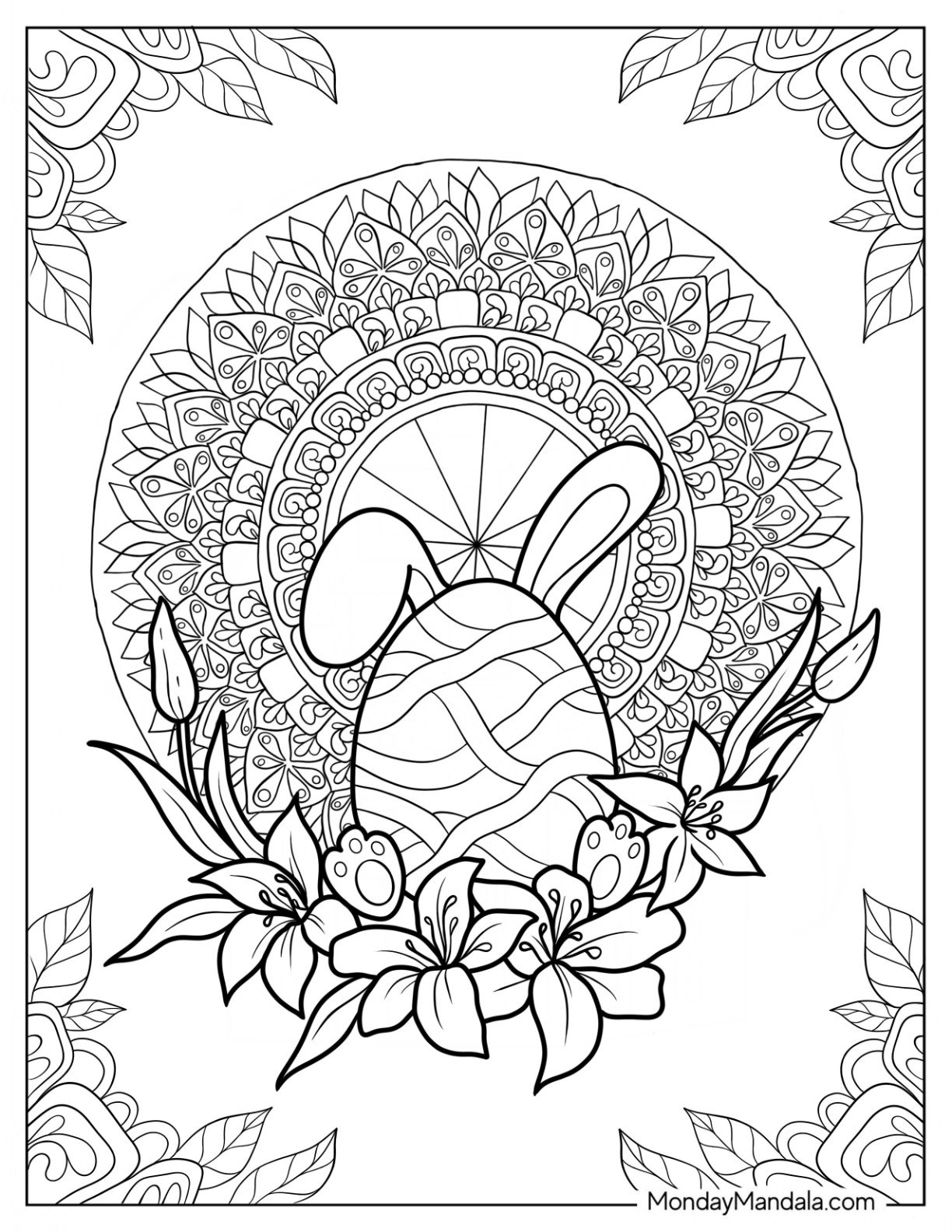 Easter Coloring Page Of Easter Egg With Bunny Ears Mandala