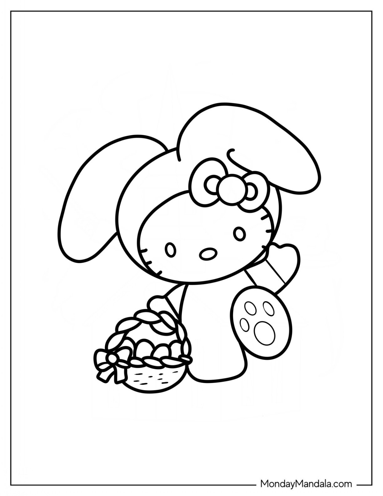Easter Coloring Page Of Easy Hello Kitty Walking With Basket Of Easter Eggs