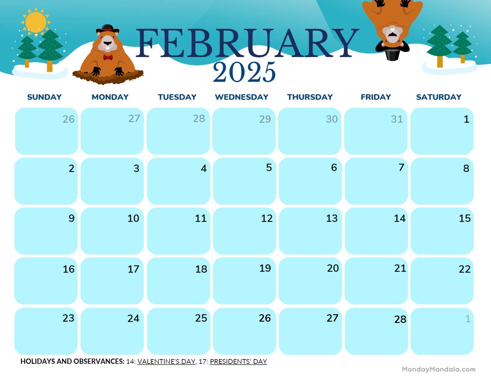 February 2025 Calendar Printable Groundhog Day 2 Landscape