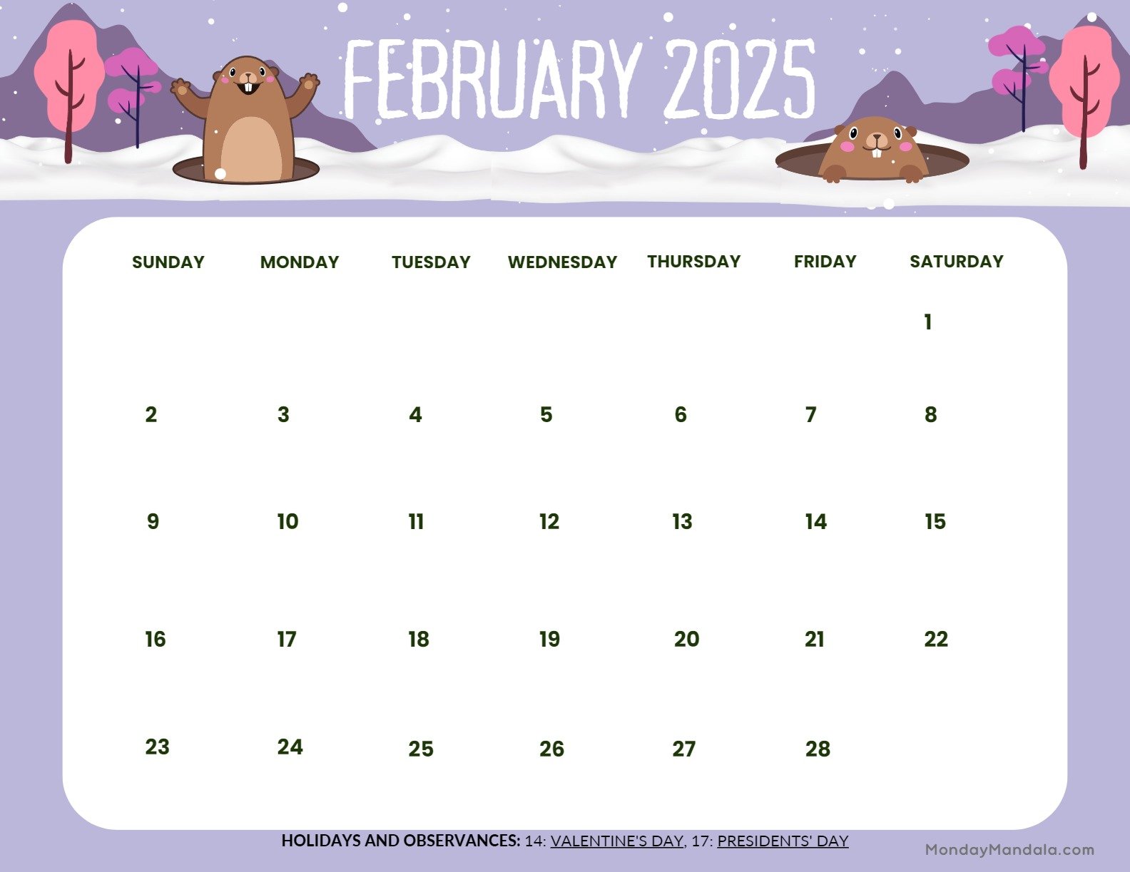 February 2025 Calendar Printable Groundhog Day Landscape