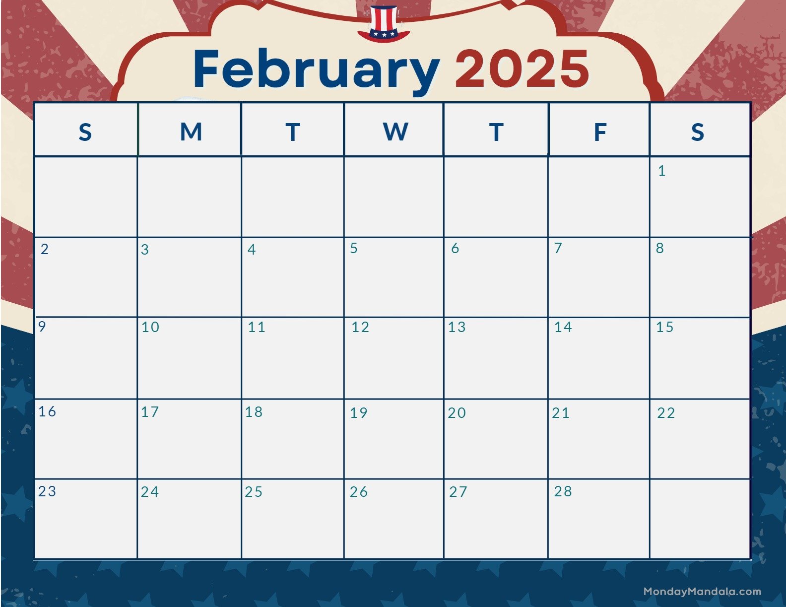 February 2025 Calendar Printable President’s Day 2 Landscape
