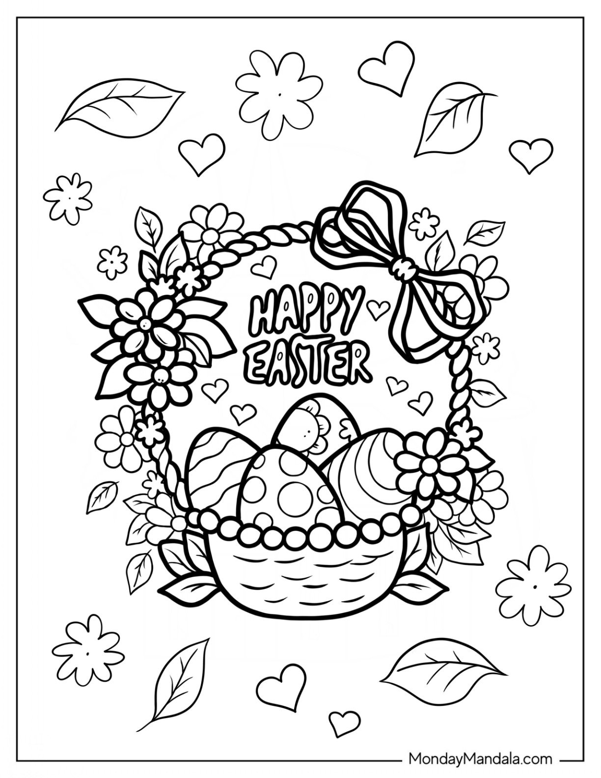 Easter Coloring Page Of Floral Happy Easter Basket With Eggs