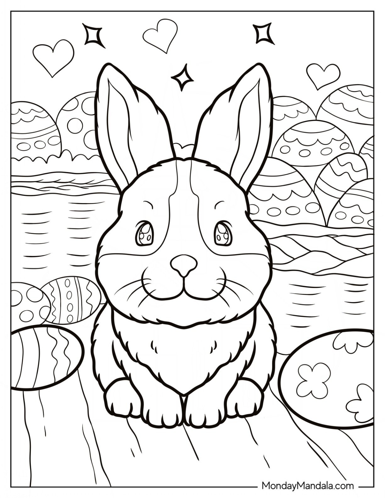Easter Coloring Page Of Fluffy Kawaii Rabbit Surrounded By Easter Eggs