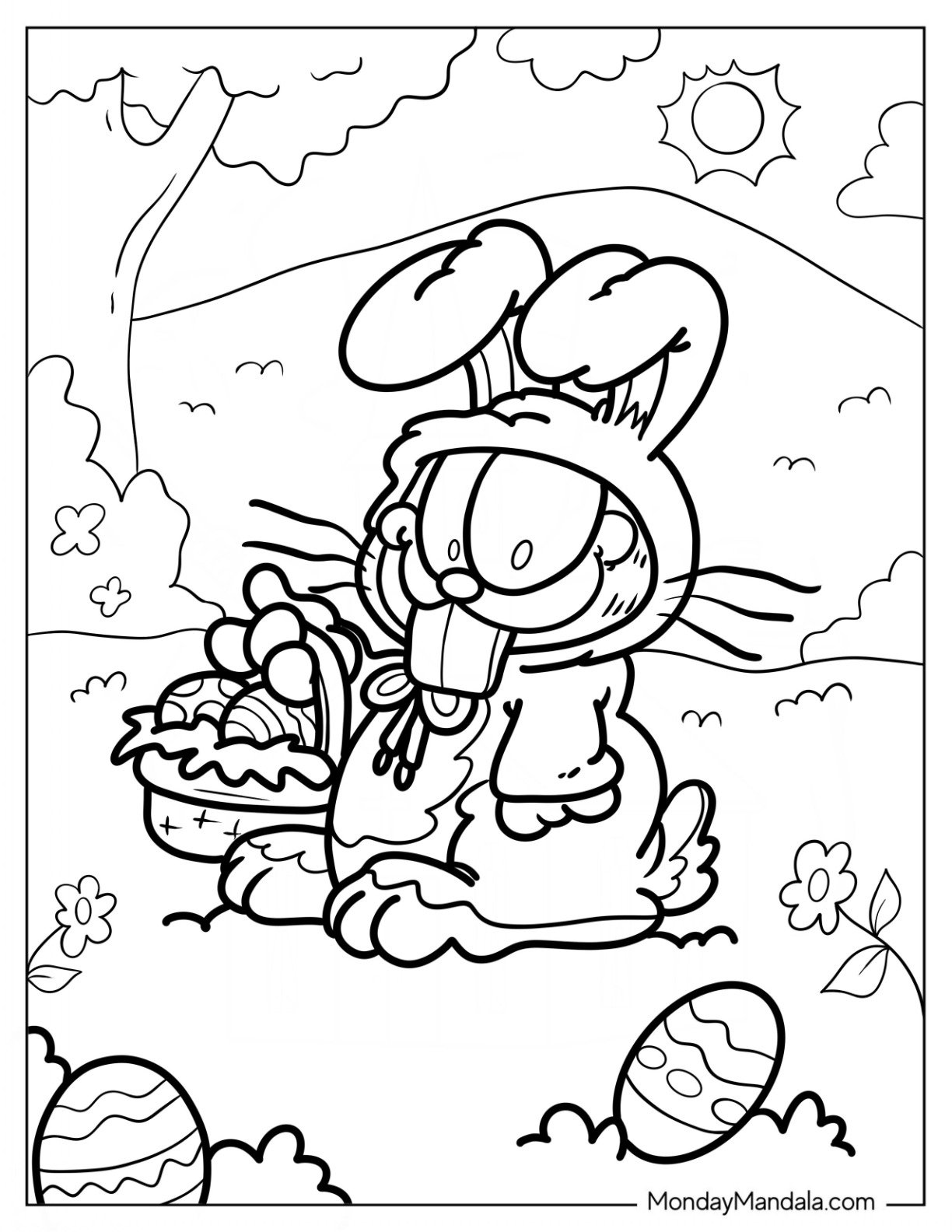 Easter Coloring Page Of Garfield Dressed As Easter Bunny With Basket Of Easter Eggs For Kids
