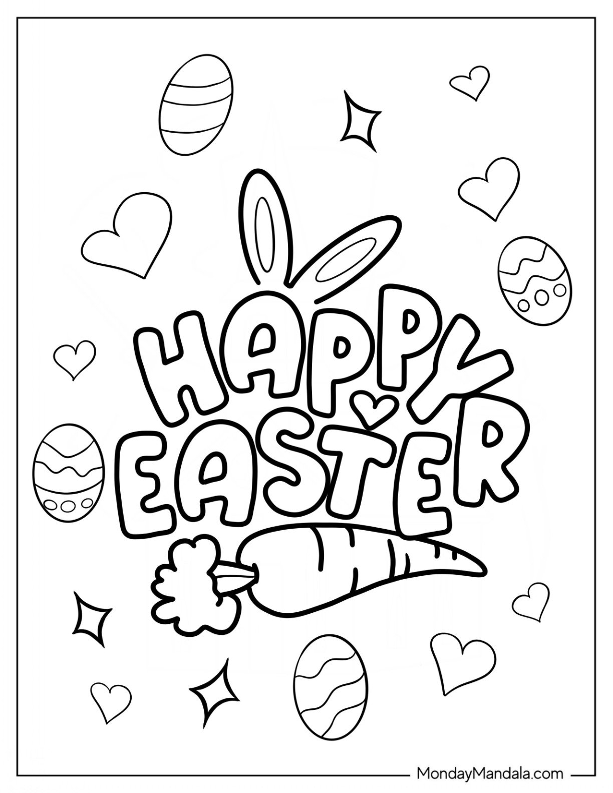 Happy Easter Coloring Page Bunny Ears, Eggs, And Carrot