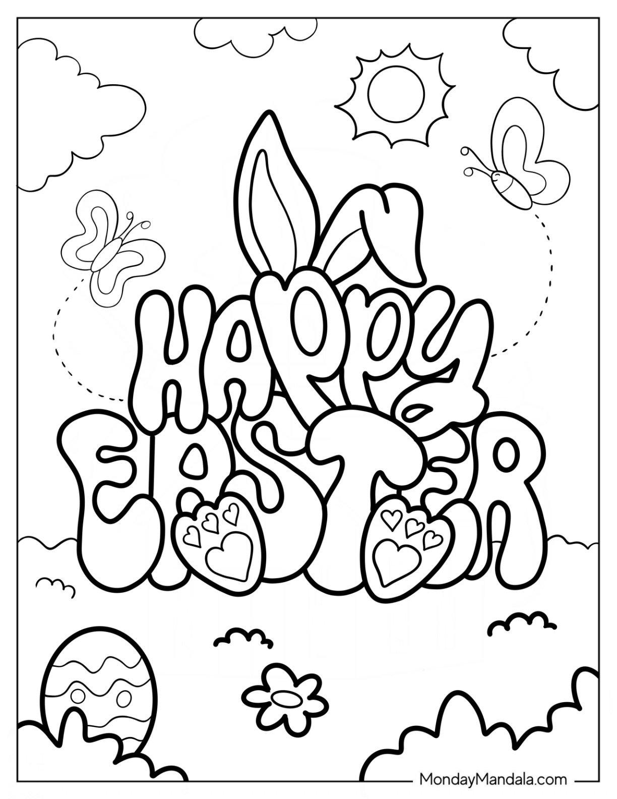 Happy Easter Coloring Page In Garden With Butterflies For Kids