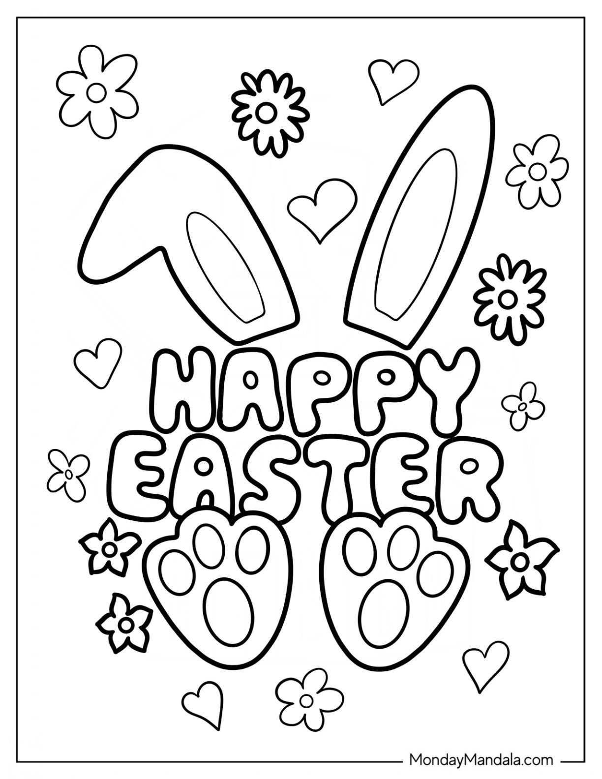 Happy Easter Coloring Page With Bunny Ears And Feet