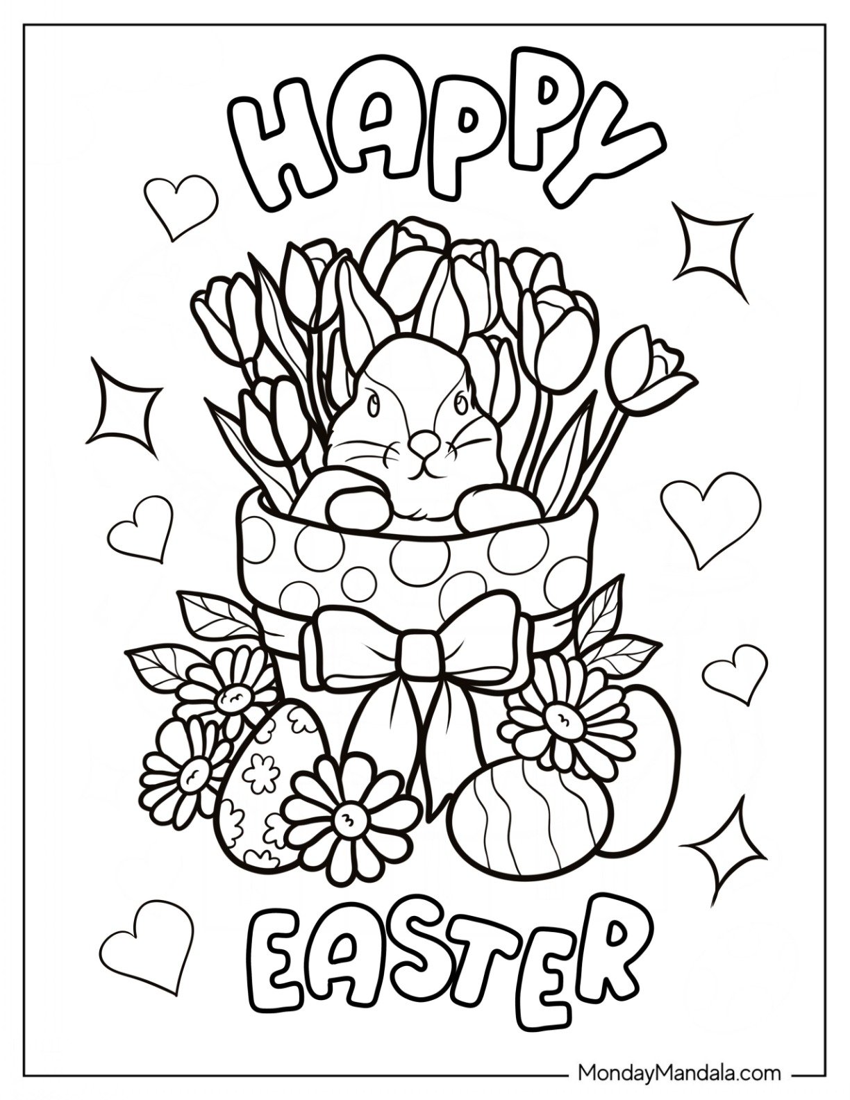 Easter Coloring Page Of Happy Easter With Bunny In A Flower Pot