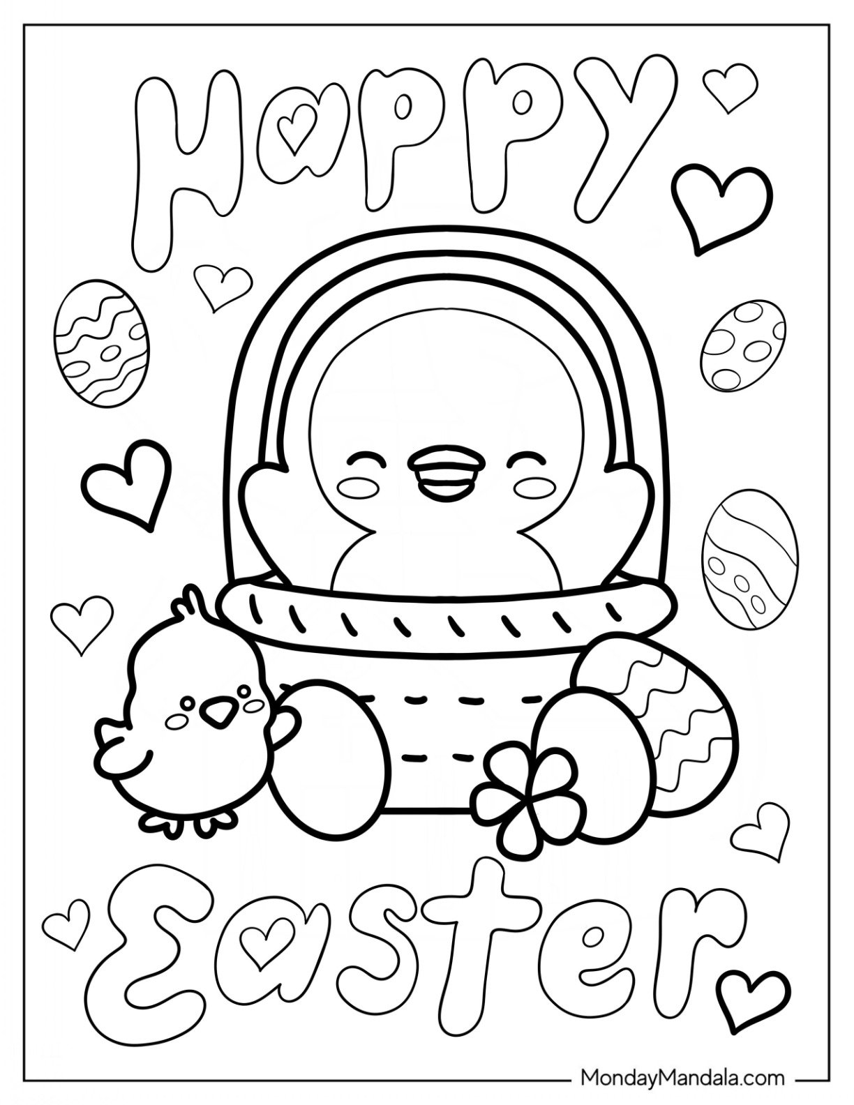 Happy Easter Coloring Page With Chicks And Eggs In Basket