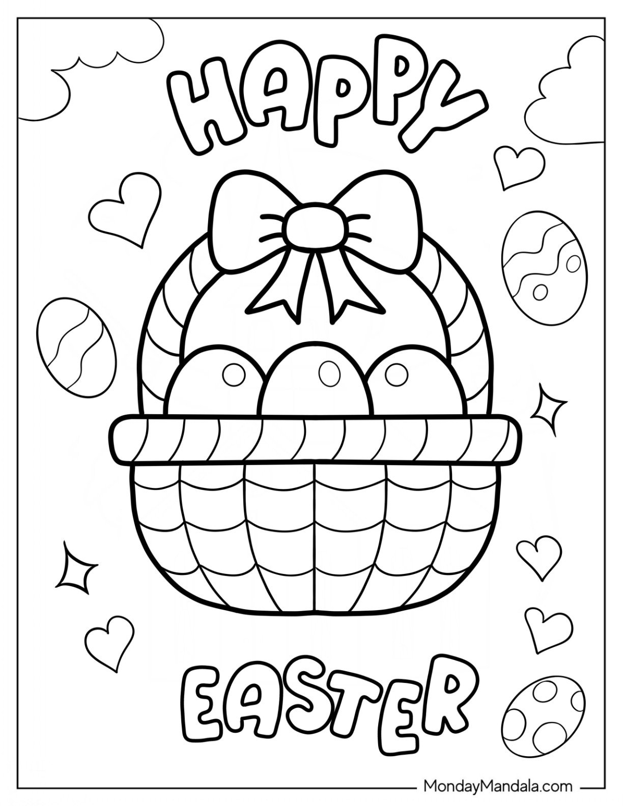 Happy Easter Coloring Page With Eggs In A Basket For Preschoolers