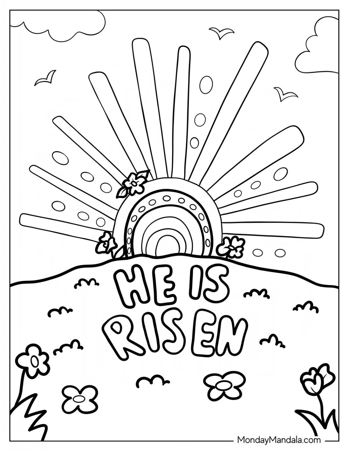Easter Coloring Page Of He Is Risen With Rainbow For Kids