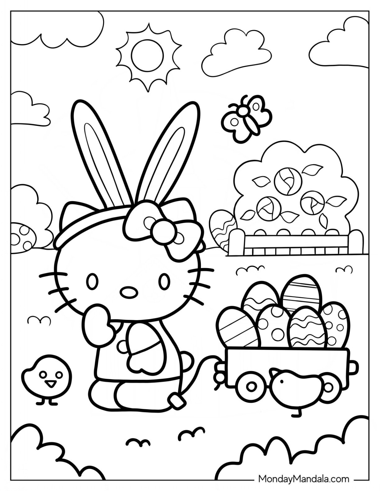 Easter Coloring Page Of Hello Kitty Pulling Wheelbarrow Filled With Easter Eggs For Kids