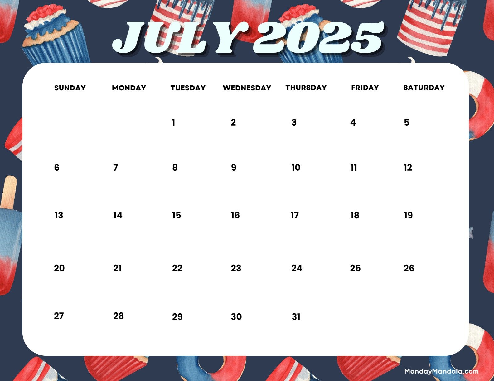 July 2025 Calendar Printable Independence Day 2 Landscape