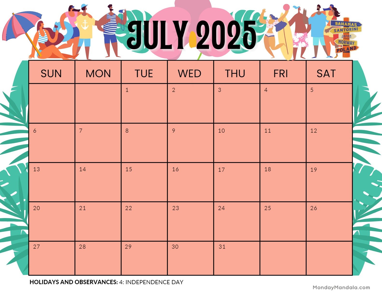 July 2025 Calendar Printable Swimming Landscape