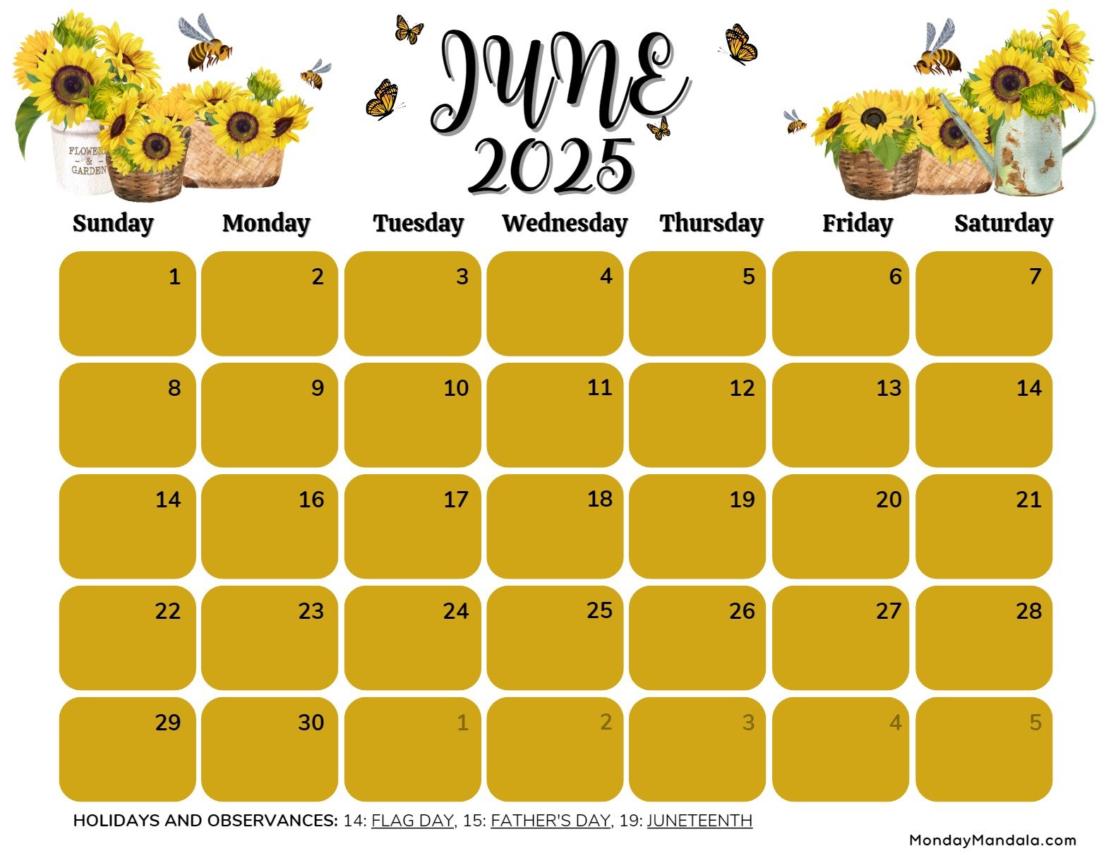 June 2025 Calendar Printable Bees Landscape