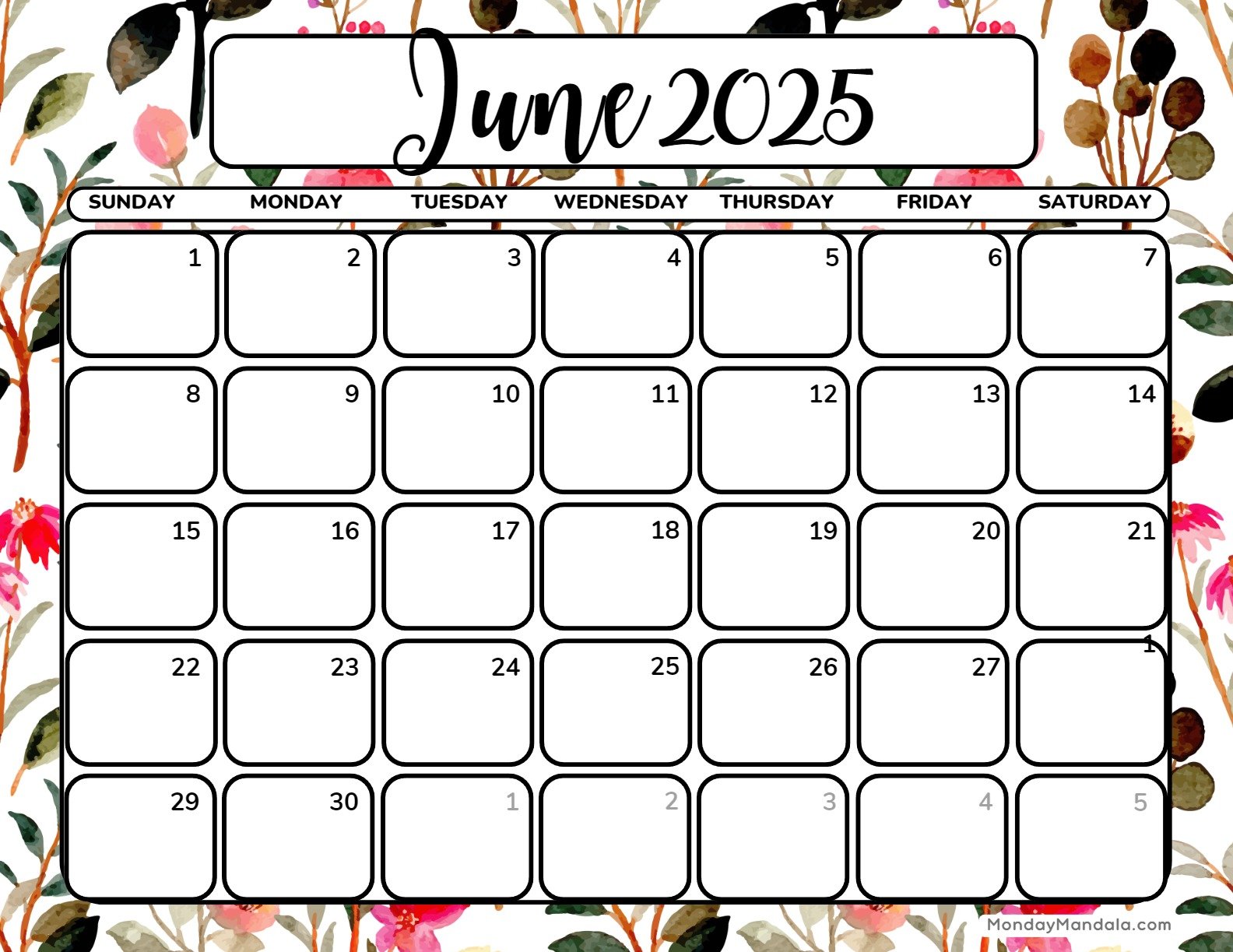 June 2025 Calendar Printable Bloom Landscape