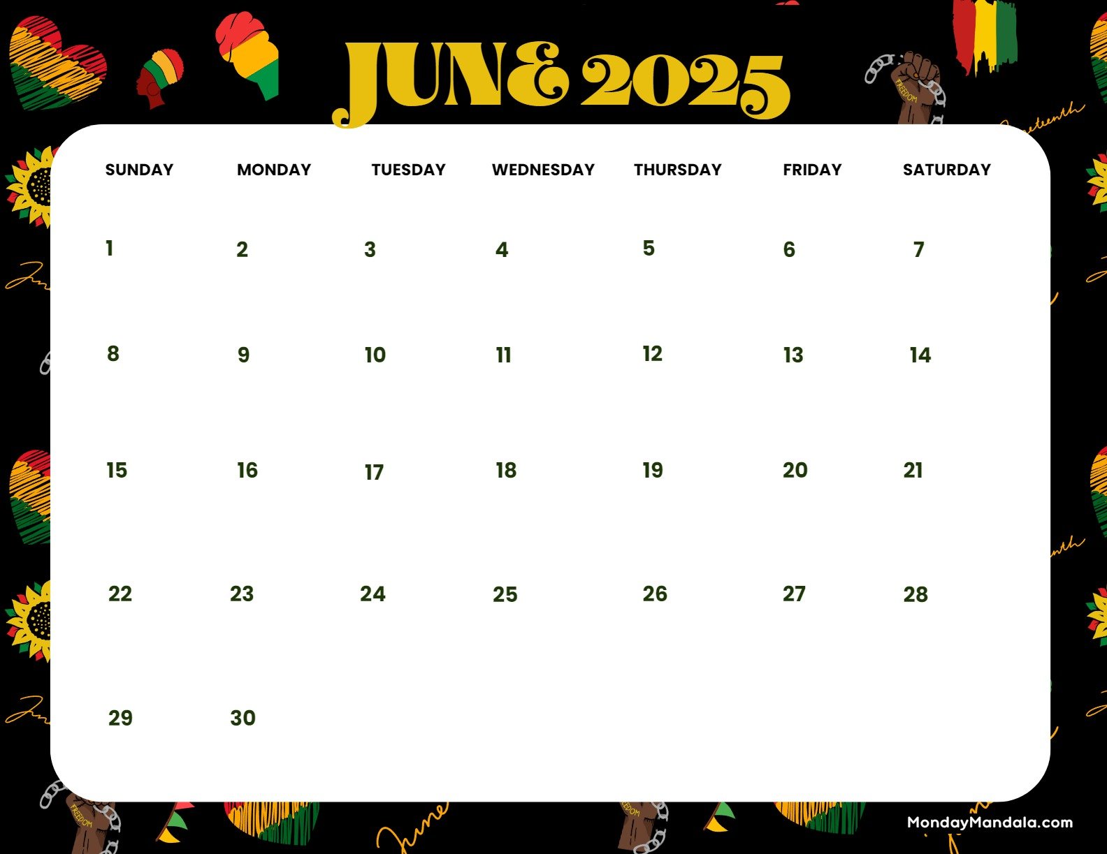 June 2025 Calendar Printable Juneteenth 2 Landscape v2
