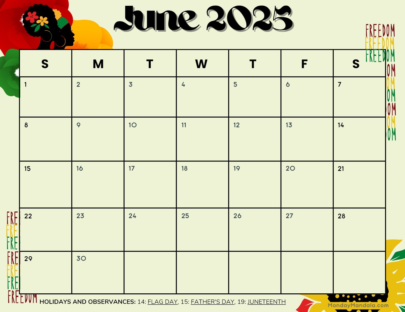 June 2025 Calendar Printable Juneteenth Landscape