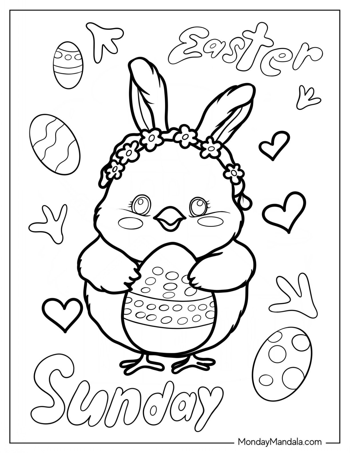 Easter Coloring Page Of Kawaii Chick Holding Easter Egg For Preschoolers