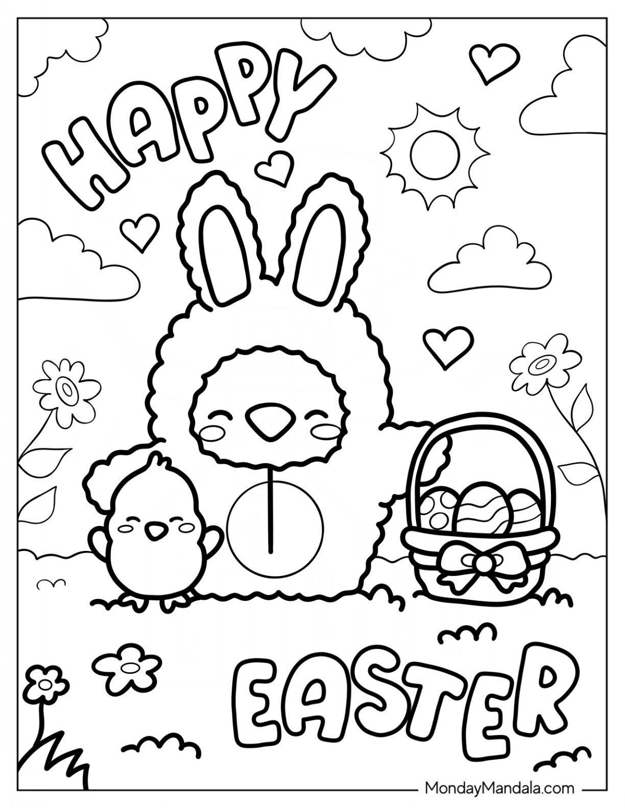 Easter Coloring Page Of Kawaii Chicks Standing Next To Easter Egg Basket For Kids
