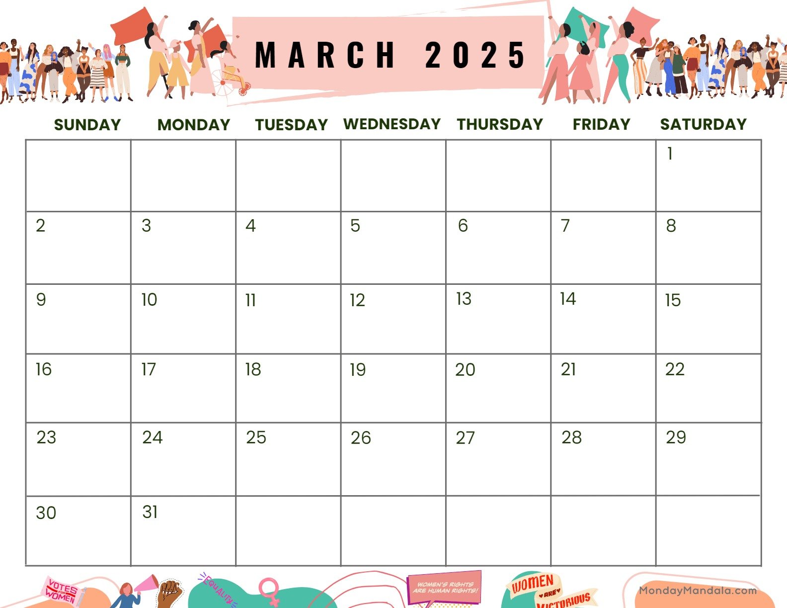 March 2025 Calendar Printable Empowerment Landscape