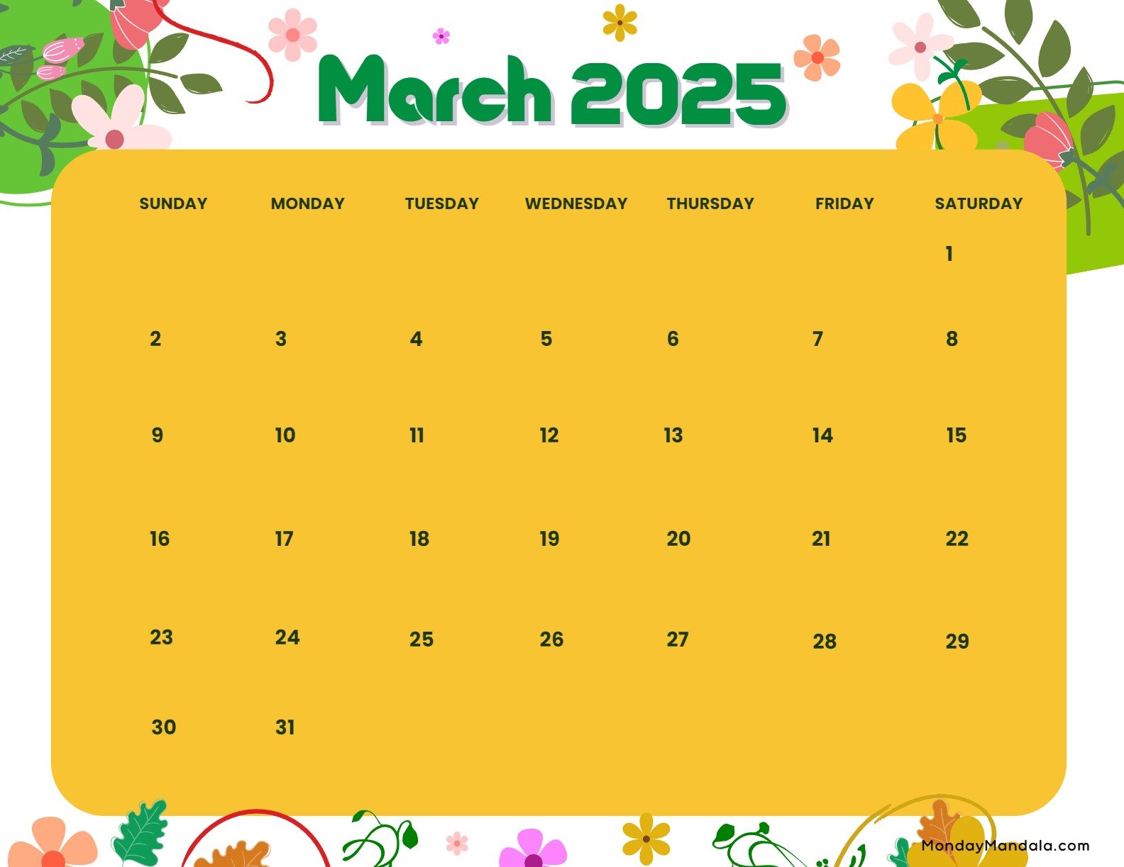 March 2025 Calendar Printable Floral Landscape