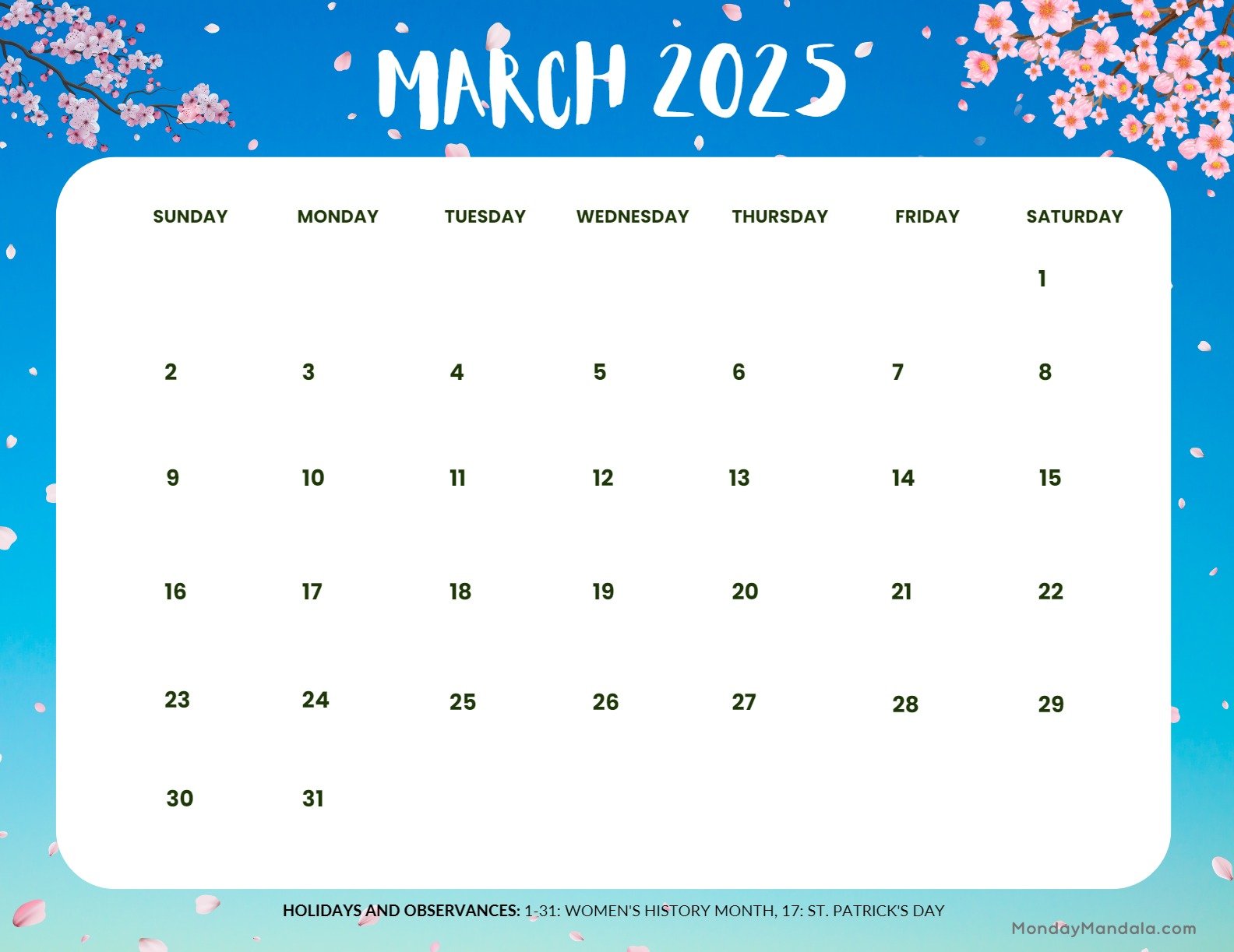 March 2025 Calendar Printable Sakura Landscape