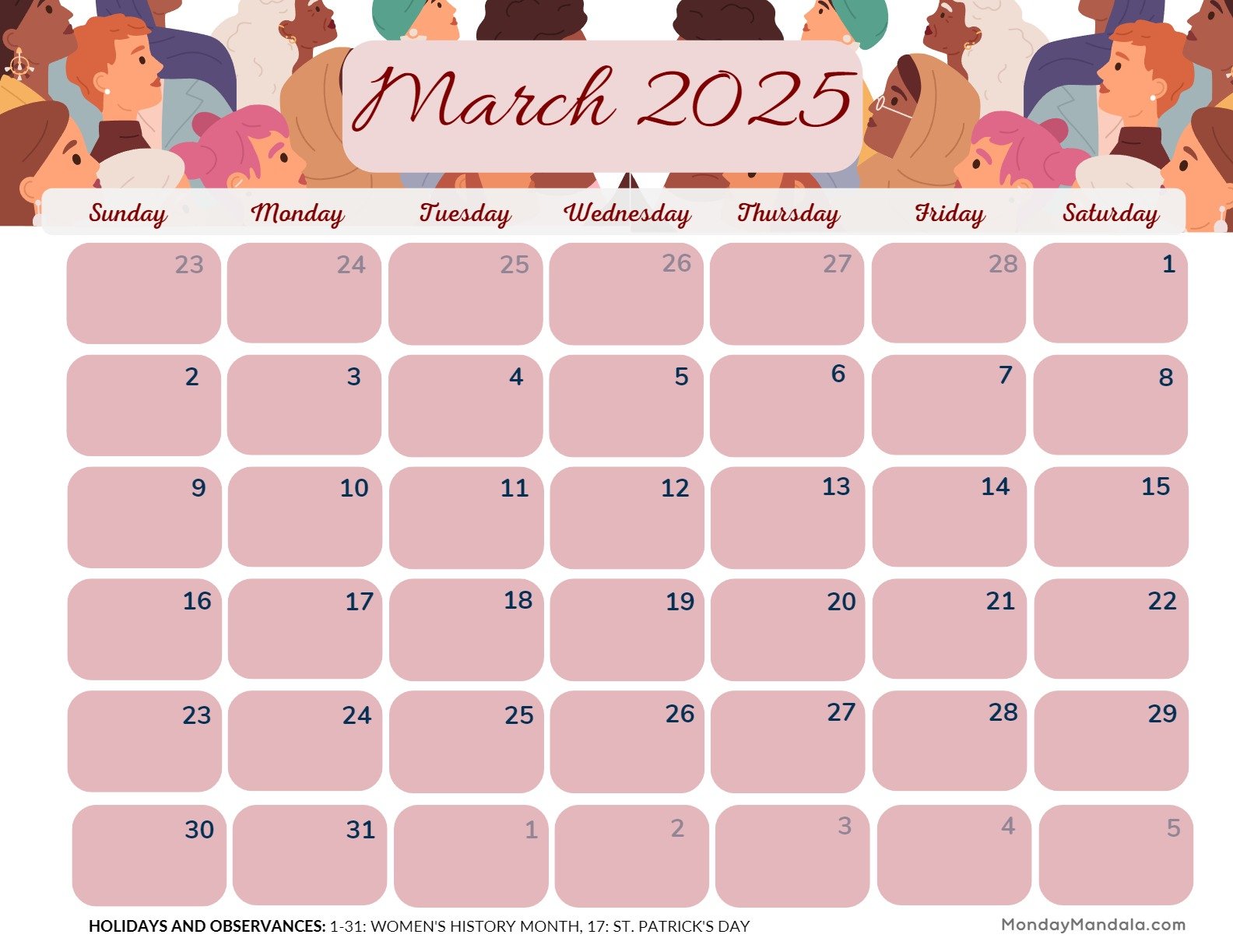 March 2025 Calendar Printable Women Landscape