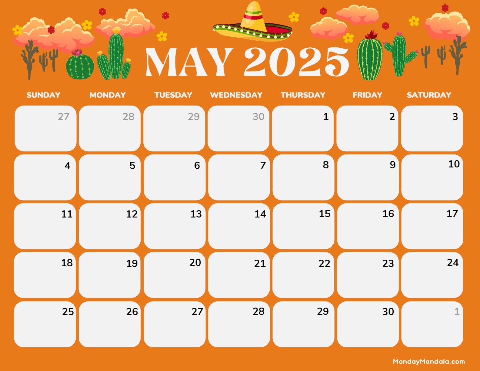 May 2025 Calendar Printable Cinco de Mayo 2 Landscape