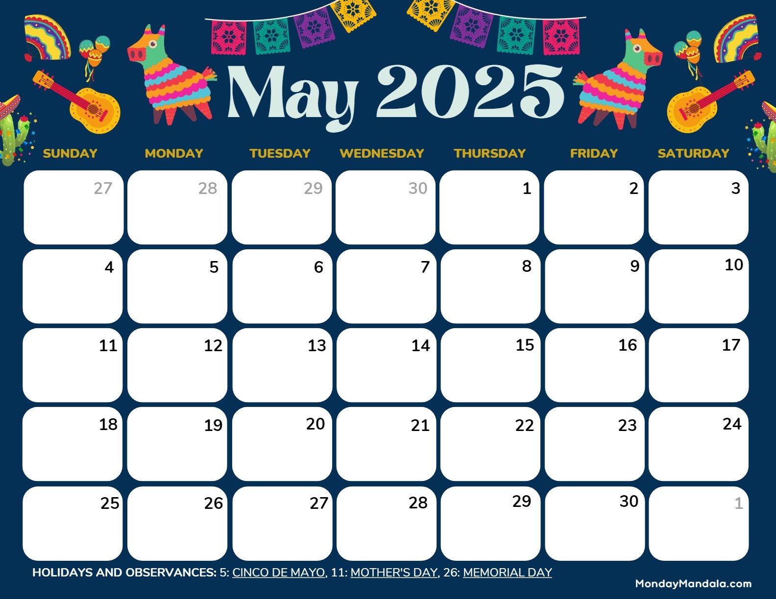 May 2025 Calendar Printable Cinco de Mayo 3 Landscape