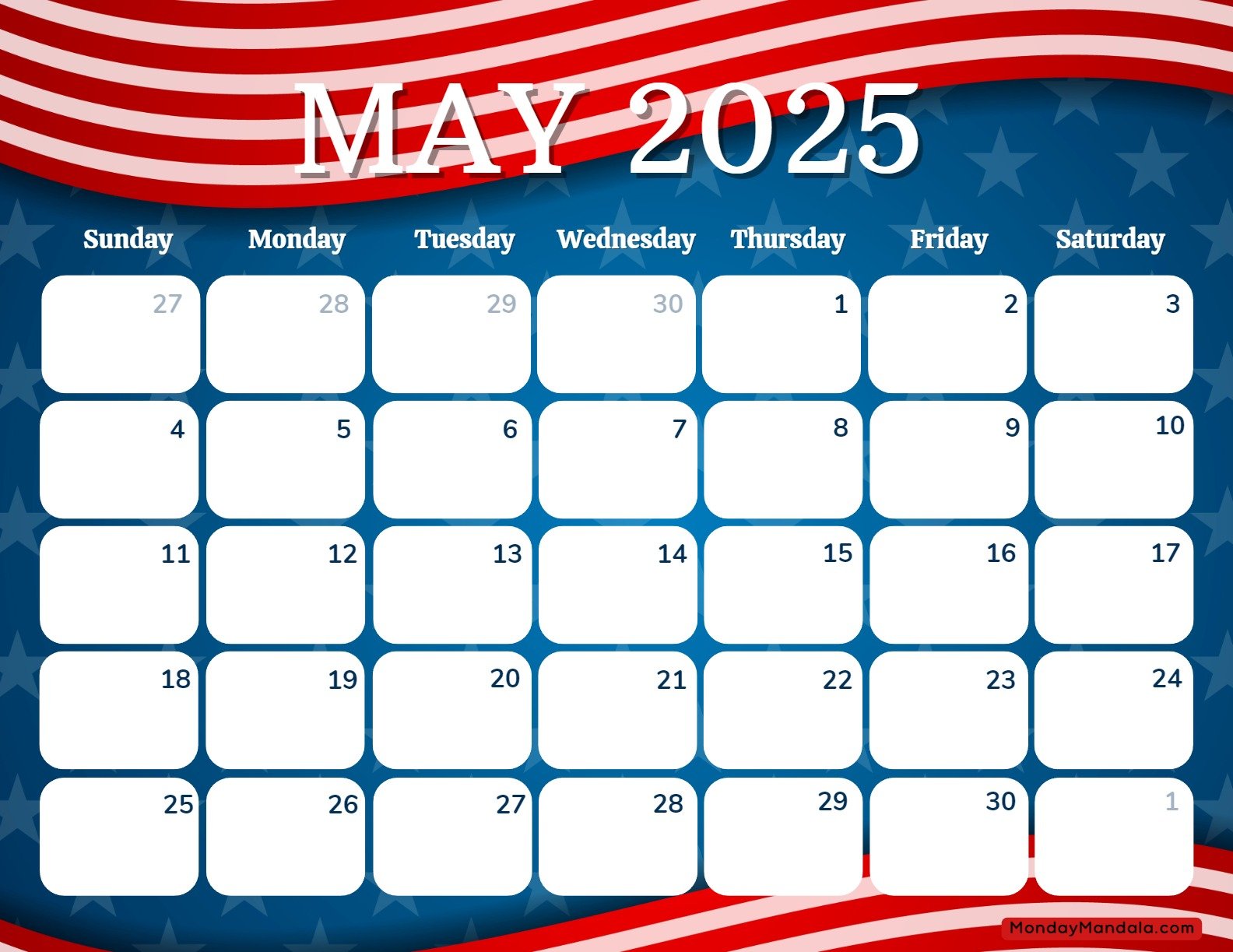 May 2025 Calendar Printable Memorial Day 3 Landscape