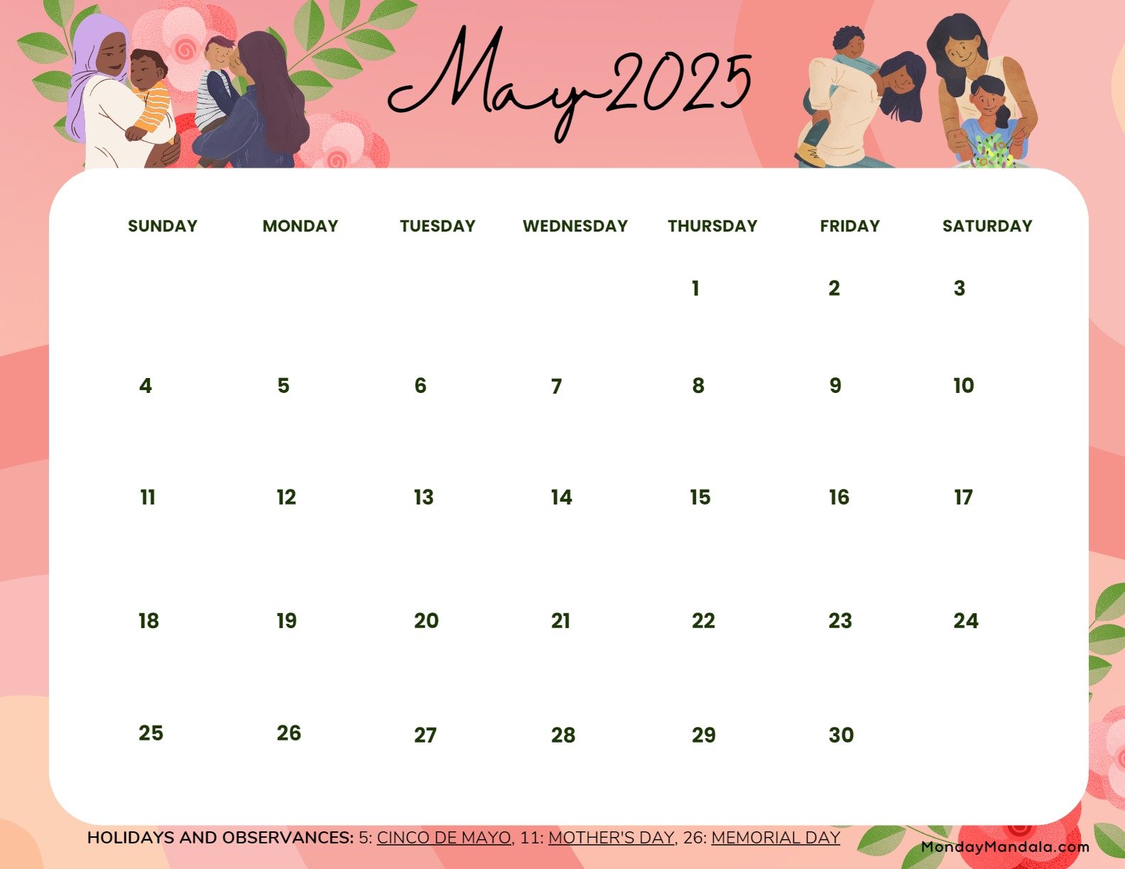 May 2025 Calendar Printable Mothers Day Landscape